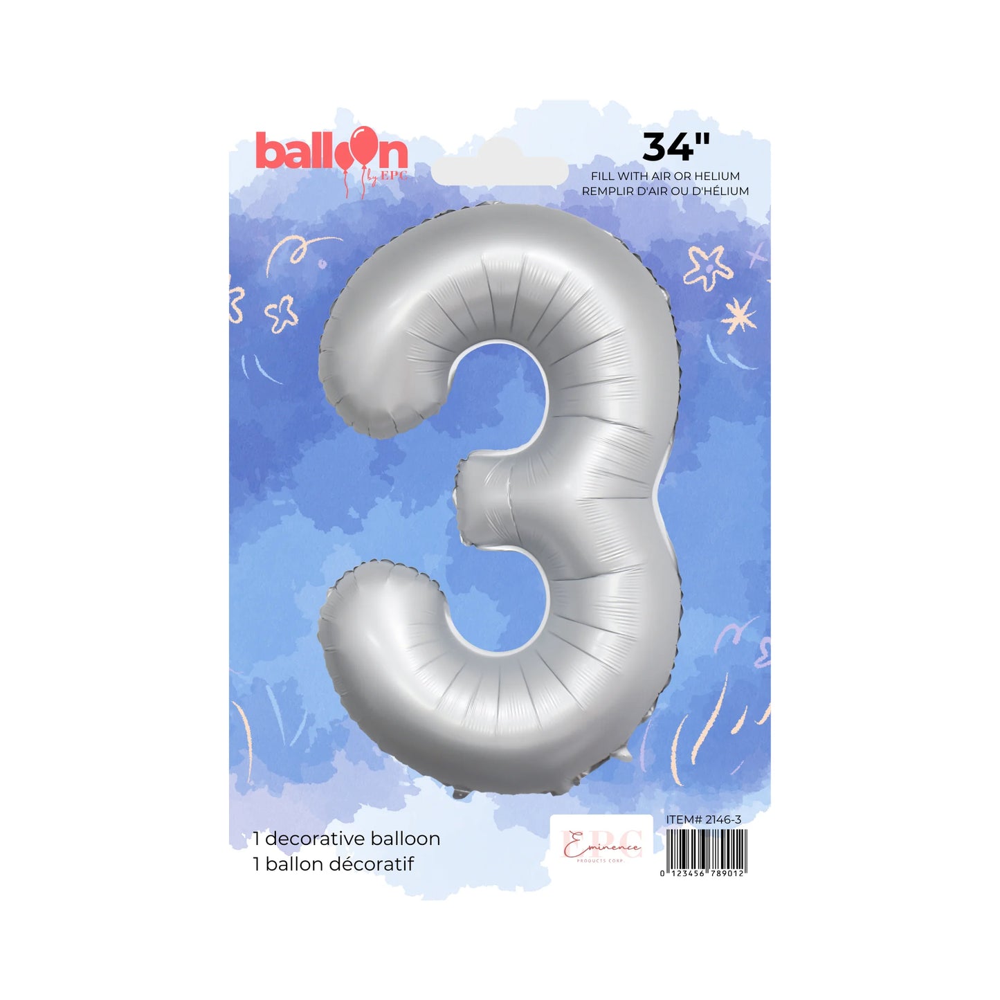 FOIL NUMBER 3 BALLOON - CHROME SILVER 34-INCH
