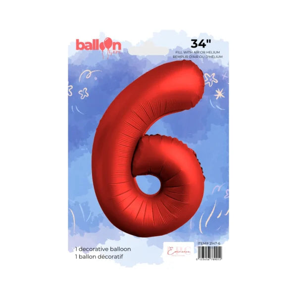 BALLON ALUMINIUM CHROME ROUGE CHIFFRE 6 - 86 CM