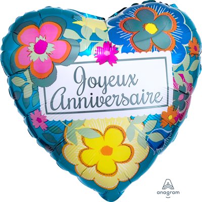 Teal heart shaped Joyeux Anniversaire foil balloon with retro flowers