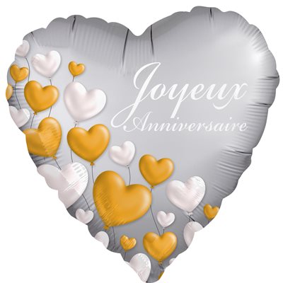 Platinum silver heart shaped Joyeux Anniversaire foil balloon with gold and white hearts