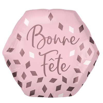 23 inch blush pink hexagonal Bonne Fête foil balloon with rose gold confetti diamonds