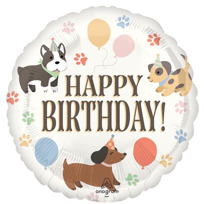 18 inch round cream foil Happy Birthday balloon with cartoon dogs in party hats and paw prints