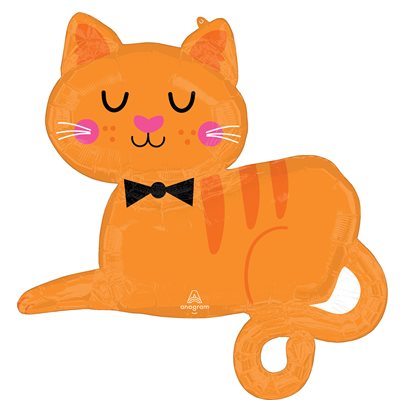 Foil orange tabby cat shaped balloon with black bow tie and curled tail