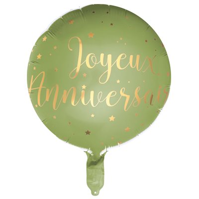 Sage green foil balloon with gold Joyeux Anniversaire script and stars