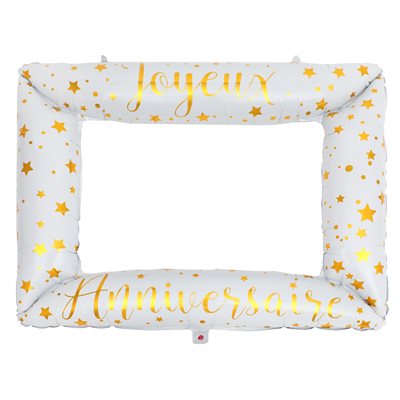 White inflatable photo frame balloon with gold stars and Joyeux Anniversaire script