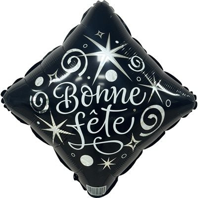 Black diamond shaped Bonne Fête foil balloon with silver sparkles