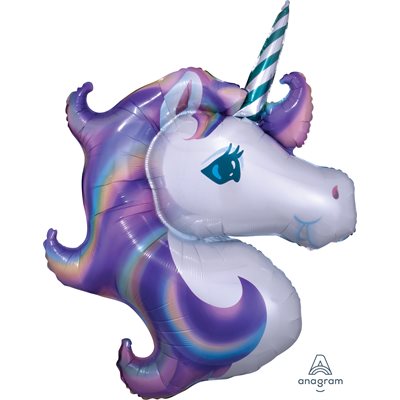 33 inch foil unicorn head shaped balloon with purple mane and striped horn
