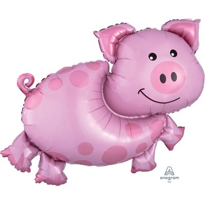 Foil pig shaped balloon in pink with darker spots snub snout and curly tail