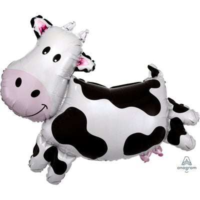 Foil cow shaped balloon white with black patches pink muzzle and small horns
