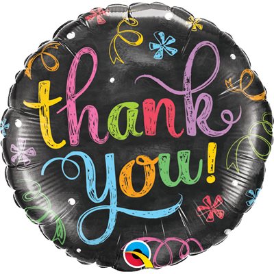 18 inch round foil Thank You balloon with chalkboard black background and bright chalk lettering
