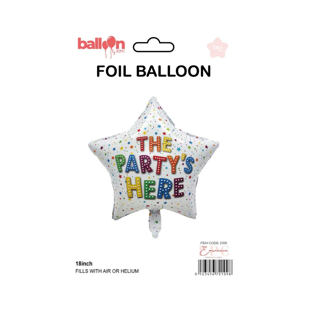 18 inch white star foil balloon reading The Party's Here in rainbow letters