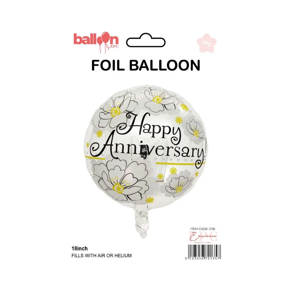 18 inch foil Happy Anniversary balloon with white and yellow flowers