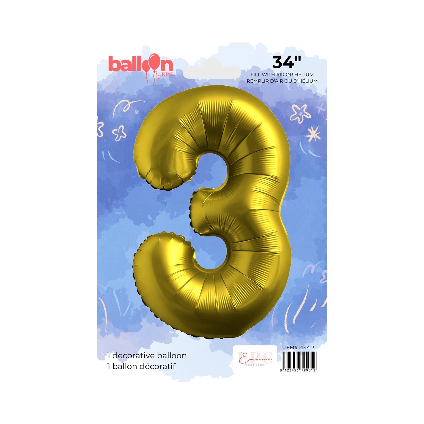 BALLON ALUMINIUM CHROME DORÉ CHIFFRE 3 - 34 POUCES