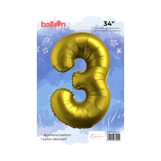 FOIL NUMBER 3 BALLOON - CHROME GOLD 34-INCH