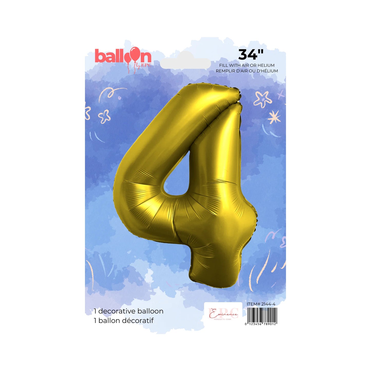 BALLON ALUMINIUM CHROME DORÉ CHIFFRE 4 - 34 POUCES