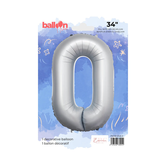 FOIL NUMBER 0 BALLOON - CHROME SILVER 34-INCH