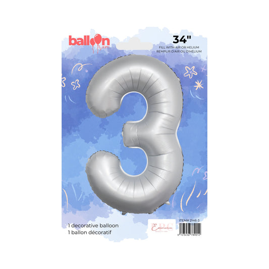 FOIL NUMBER 3 BALLOON - CHROME SILVER 34-INCH