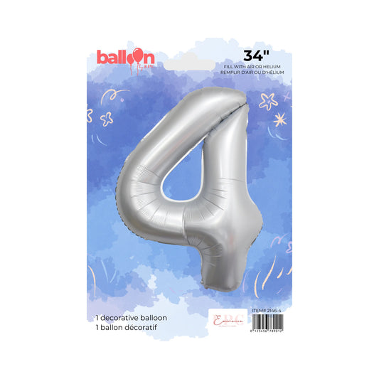 FOIL NUMBER 4 BALLOON - CHROME SILVER 34-INCH
