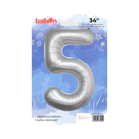 FOIL NUMBER 5 BALLOON - CHROME SILVER 34-INCH