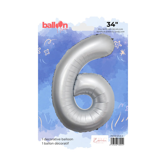 FOIL NUMBER 6 BALLOON - CHROME SILVER 34-INCH