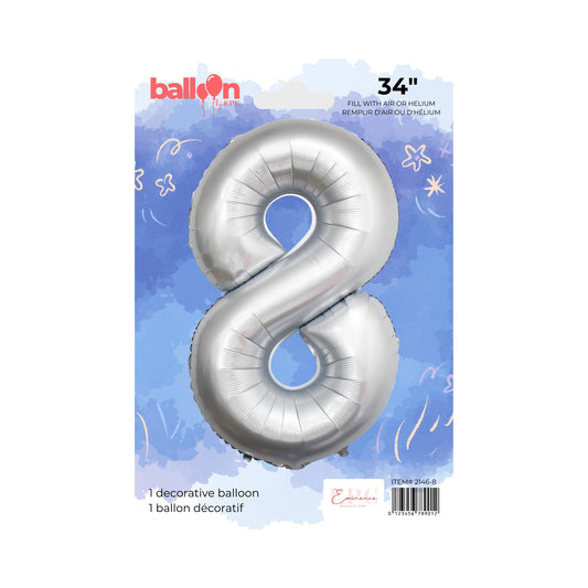FOIL NUMBER 8 BALLOON - CHROME SILVER 34-INCH