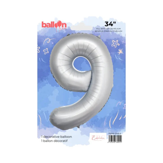 FOIL NUMBER 9 BALLOON - CHROME SILVER 34-INCH