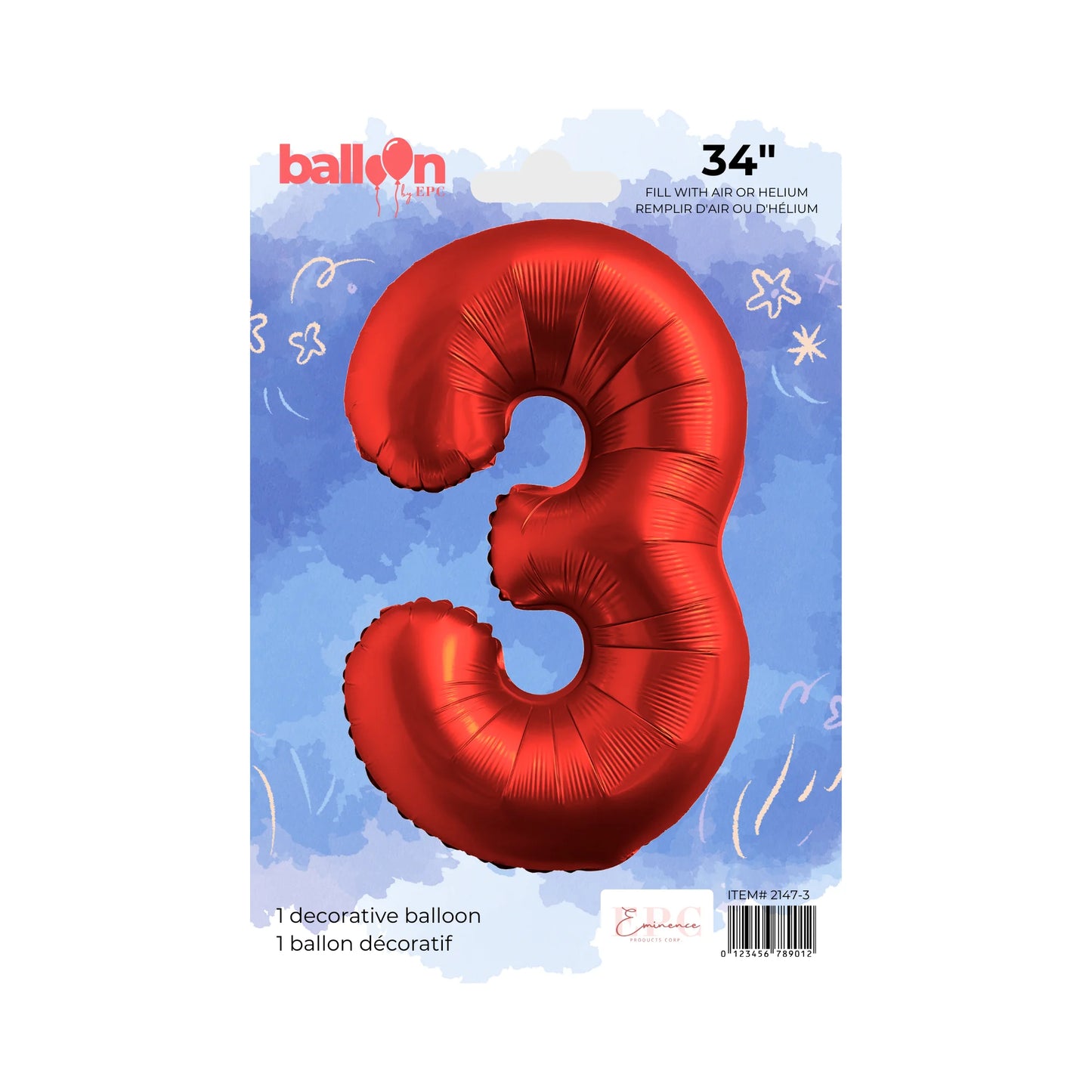 FOIL NUMBER 3 BALLOON - CHROME RED 34-INCH