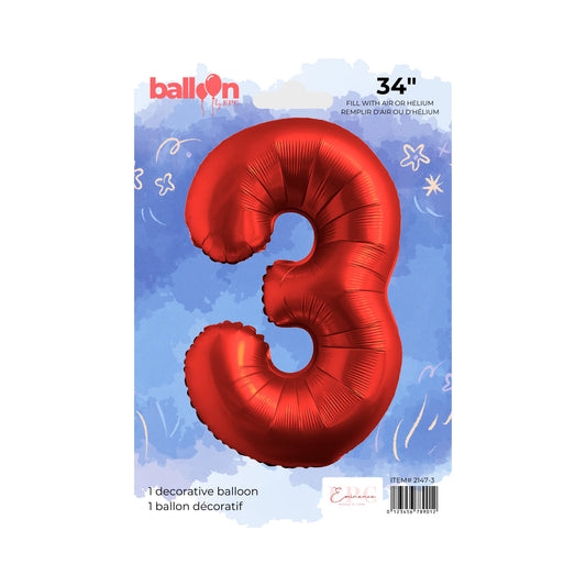 FOIL NUMBER 3 BALLOON - CHROME RED 34-INCH