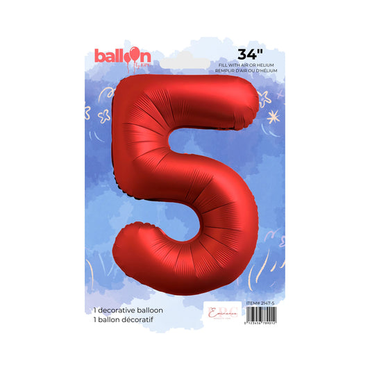 FOIL NUMBER 5 BALLOON - CHROME RED 34-INCH