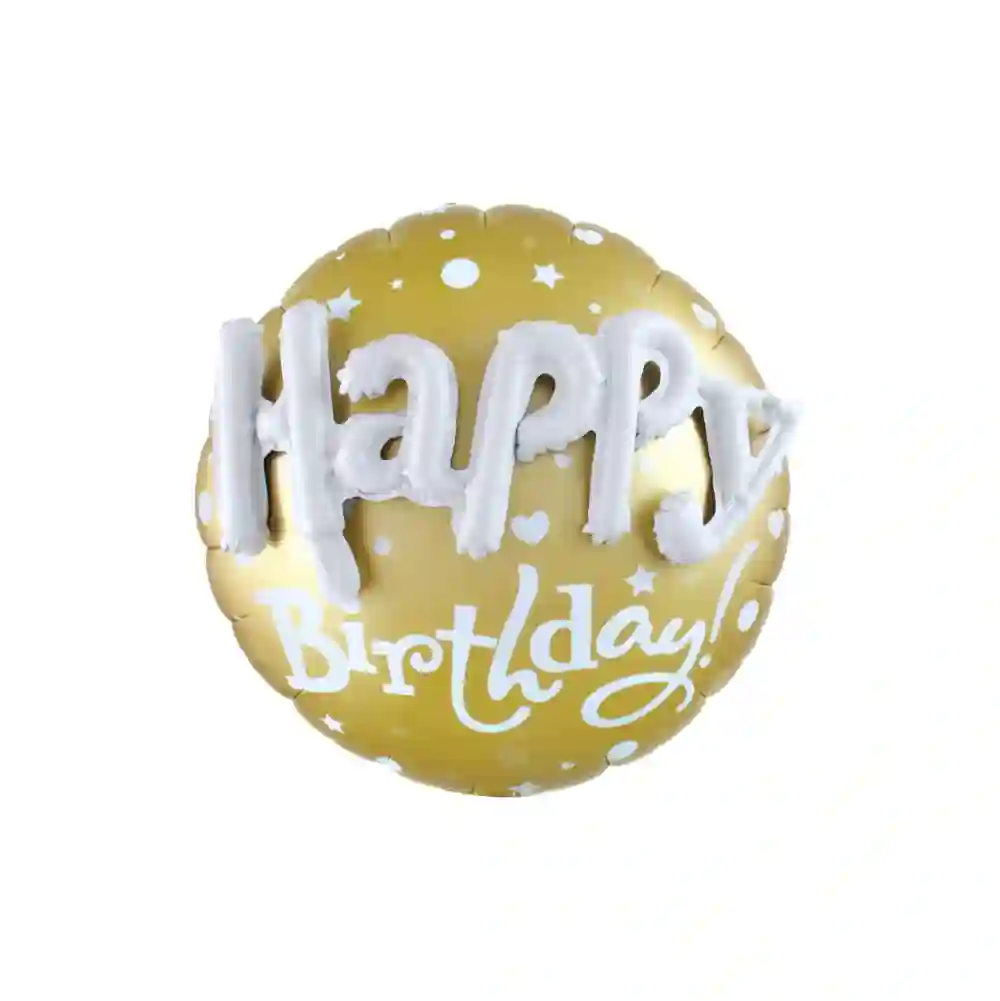 24 inch gold foil balloon with raised 3D white Happy Birthday lettering