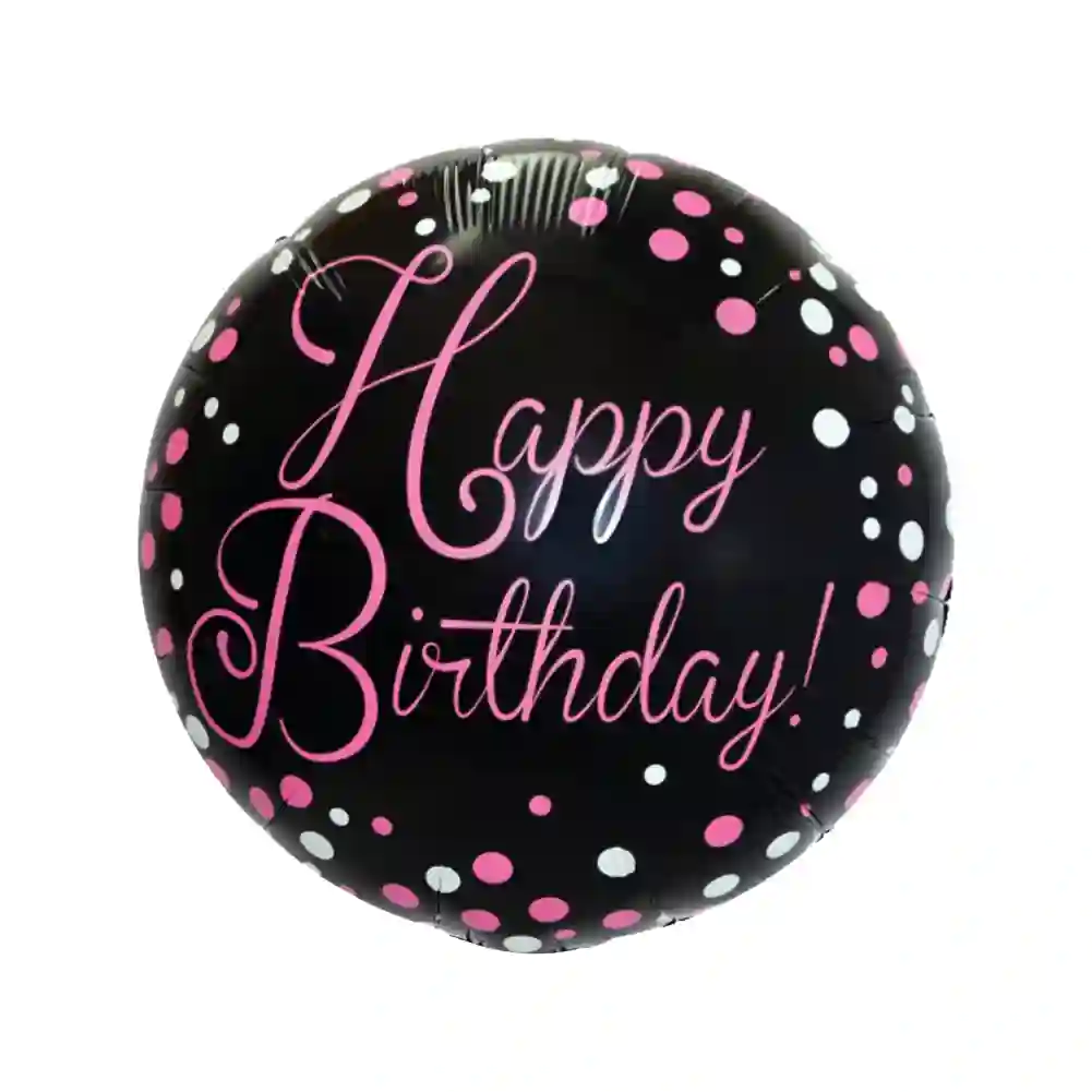 18 inch black foil balloon with pink Happy Birthday script and confetti dots