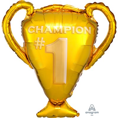 25 inch gold foil trophy shaped balloon printed with Champion number 1