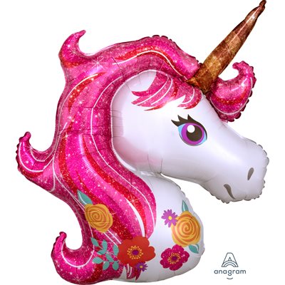 33 inch foil unicorn head balloon with glittery pink mane rose gold horn and flowers