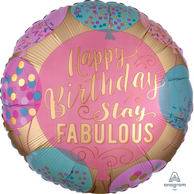 18 inch round foil Happy Birthday Stay Fabulous balloon in pink and gold with pastel balloons and confetti