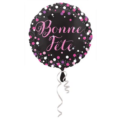18 inch black Bonne Fête foil balloon with pink and white confetti dots