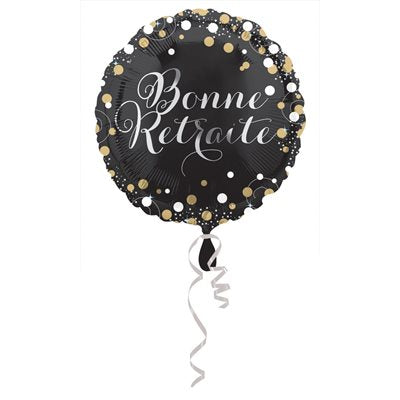 Black Bonne Retraite foil balloon with gold and silver confetti dots