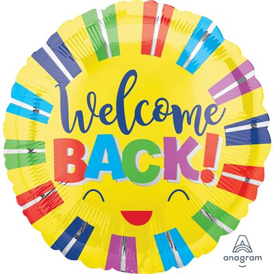 18 inch round yellow foil Welcome Back balloon with smiling sun face and coloured pencil sunburst