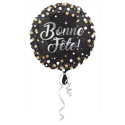 28 inch black Bonne Fête foil balloon with gold and silver confetti dots
