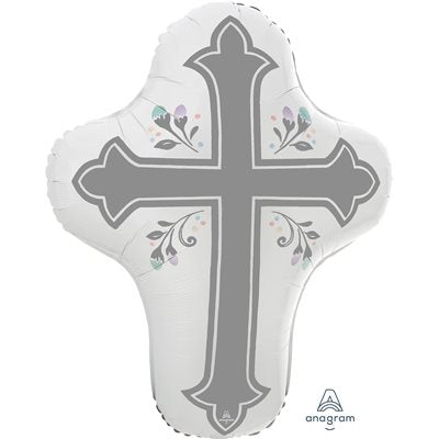 28 inch white foil cross shaped balloon with silver outline and pastel vine detail
