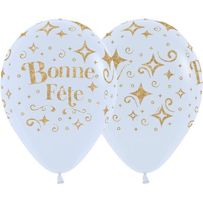 11" Bonne Fête Diamants Dorés white latex balloon (50 pcs)