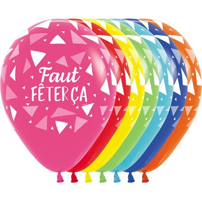 11" Faut Fêter Ça triangles latex balloon, assorted colors (50 pcs)