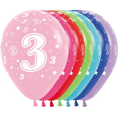 11" Number 3 latex balloon, assorted colors (50 pcs)