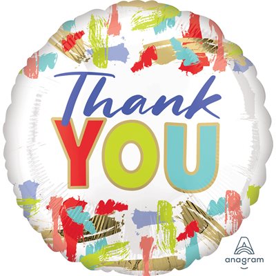 18 inch round white foil Thank You balloon with navy script and colourful painted brushstrokes