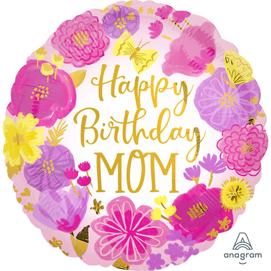 18" Foil Happy Birthday Mom Painted Flowers Balloon