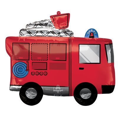 26 inch red foil fire truck shaped balloon with silver ladder and blue light