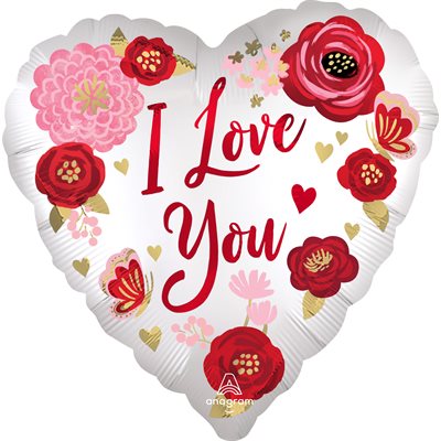 18 inch satin white heart foil balloon with I Love You script and painted red and blush roses