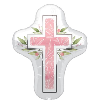 28 inch pink and white foil cross shaped balloon with leaves and rosebuds for a first communion