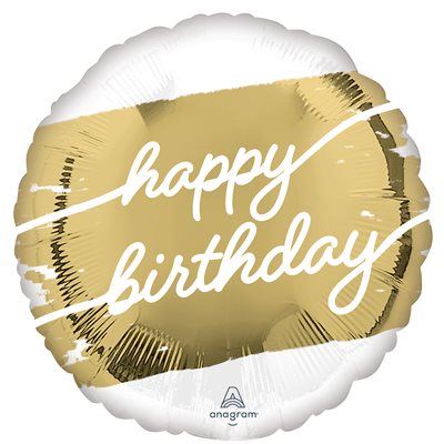 18 inch round foil Happy Birthday balloon with brushed gold band on white and white script lettering