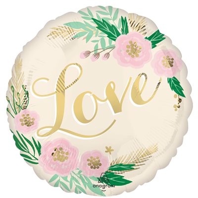 18 inch foil balloon with Love in gold script surrounded by a floral wreath