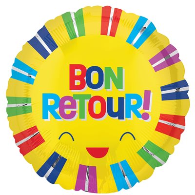 Yellow Bon Retour foil balloon with smiling sun face and colourful rays